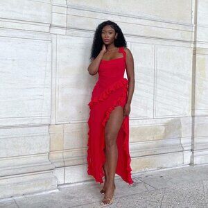 Elegant Red Ruffle Maxi Dress - Women
